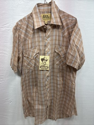 New Men’s ELY Cattleman Tan Plaid Short Sleeve Pearl Snap M R-40