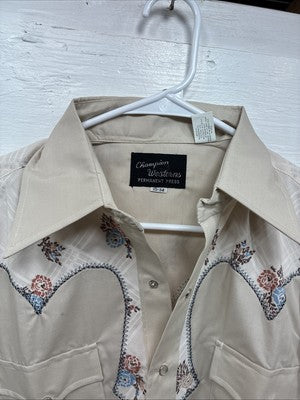 New Men’s Champion Western Tan design Long Sleeve Pearl Snap 15 Medium CC-11