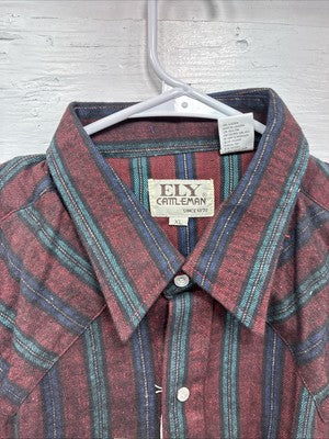 New Men’s ELY Cattleman Red Multicolor Stripe Long Sleeve Pearl Snap XL Q-96
