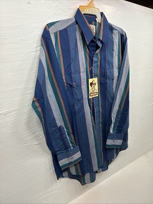 New Men’s ELY Cattleman Blue Multicolor Stripe Long Sleeve Pearl Snap 17 XL O-47