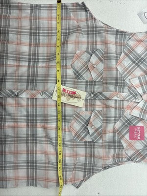 New Women’s Cumberland Gray Pink Plaid Short Sleeve Pearl Snap 2XL GG-62
