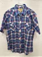 New Men’s ELY Cattleman Blue Multicolor Plaid Short Sleeve Pearl Snap XL M-52