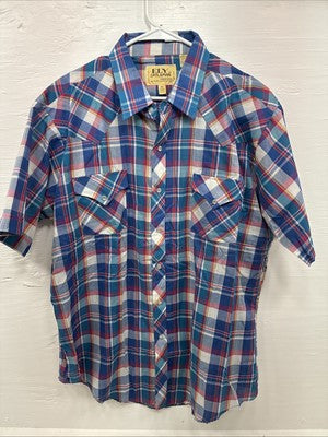 New Men’s ELY Cattleman Blue Multicolor Plaid Short Sleeve Pearl Snap XL M-52