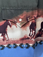 New Men’s ELY Cattleman Blue Black Horse Design Short Sleeve Pearl Snap XL T-17