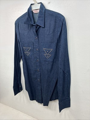 New Women’s H Bar C Blue Jean Long Sleeve Pearl Snap 34 TT-8