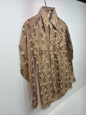 New Men’s ELY Plains Tan Red Floral Long Sleeve Pearl Snap Size 14.5 Small GG-7