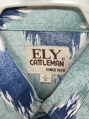 New Men’s ELY Cattleman Blue Green design Long Sleeve Pearl Snap 17 X 34 XL T-37