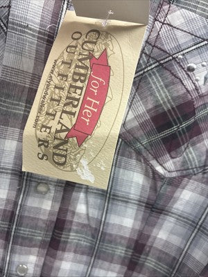 New Women’s Cumberland Purple Plaid Long Sleeve Pearl Snap 2X V-67