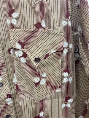 New Men’s ELY Plains Tan Red Floral Long Sleeve Pearl Snap Size 14.5 Small GG-7