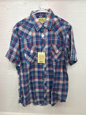 New Men’s ELY Cattleman Blue Multicolor Plaid Short Sleeve Pearl Snap Large X-15