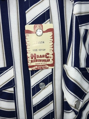 New Men’s Blue White HbarC Ranchwear Long Sleeve Pearl Snap Shirt 16.5x34 L S-13