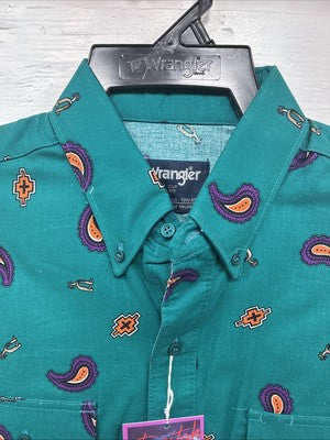 New Men’s Wrangler Teal Western Design Long Sleeve Button Up 16/5 Large T-27