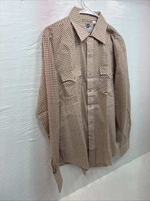 New Men’s Circle A Brown Checkered Long Sleeve Pearl Snap Large AA-55