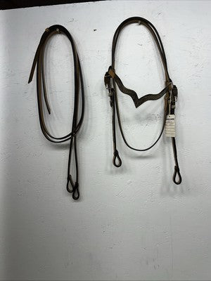 New Congress Leather Headstall W Spilt Reins Metal Plate Browband #6853 U-27