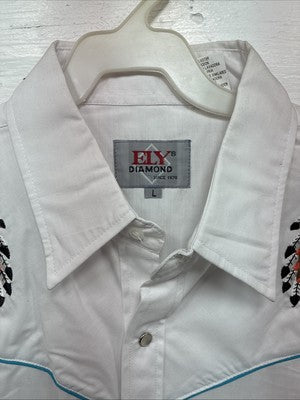 New Men’s ELY Diamond White Western Print Long Sleeve Pearl Snap Large V-35