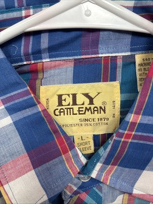 New Men’s ELY Cattleman Blue Multicolor Plaid Short Sleeve Pearl Snap Large Q-93
