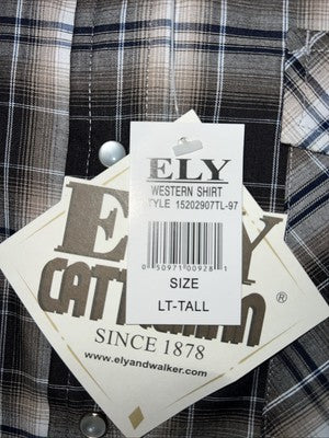 New Men’s Brown Plaid ELY Cattleman Long Sleeve Pearl Snap Shirt. L Tall P-68