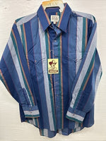 New Men’s ELY Cattleman Blue Multicolor Stripe Long Sleeve Pearl Snap 17 XL O-47