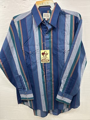 New Men’s ELY Cattleman Blue Multicolor Stripe Long Sleeve Pearl Snap 17 XL O-47