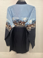 New Men’s Cumberland Blue Horse Design Long Sleeve Pearl Snap XL T-16