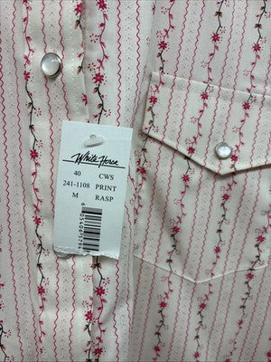 New Women’s White Horse White Red Floral Long Sleeve Pearl Snap Medium YY-58