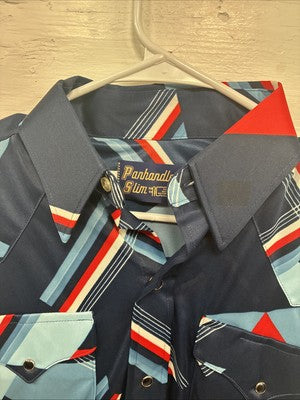 New Men’s Panhandle Slim Blue Red Design Long Sleeve Pearl Snap 15.5 Medium V-73