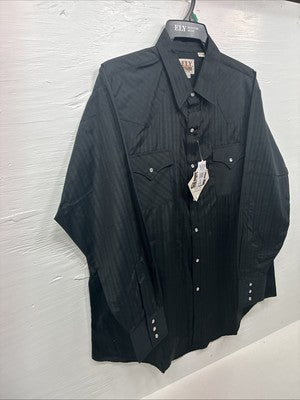 New Men’s ELY Cattleman Black Designed Long Sleeve Pearl Snap 17.5 X 35 XL R-49