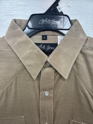 New Men’s White Horse Brown Western Long Sleeve Pearl Snap Large V-99
