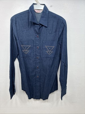 New Women’s H Bar C Blue Jean Long Sleeve Pearl Snap 34 TT-8