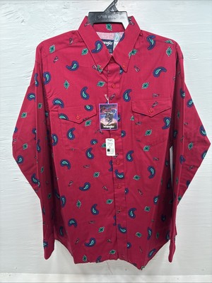 New Men’s Wrangler Pink Western Print Design Long Sleeve Button Up XL M-92