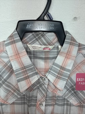 New Women’s Cumberland Gray Pink Plaid Short Sleeve Pearl Snap 2XL GG-62