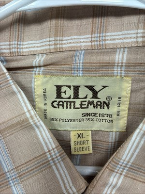 New Men’s ELY Cattleman Tan Plaid Short Sleeve Pearl Snap XL R-39