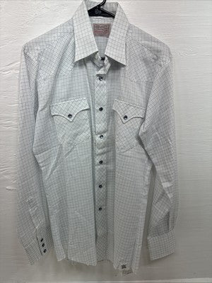 New Men’s H Bar C White Blue Plaid Long Sleeve Pearl Snap Larg M-37