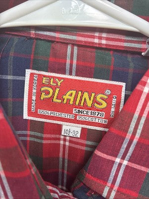 New Men’s ELY Plains Red Blue Plaid Long Sleeve Pearl Snap 14.5 Small T-86