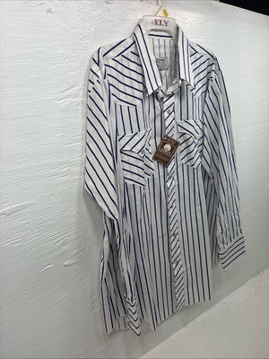 New Men’s H Bar C White Blue Stripe Long Sleeve Pearl Snap 16.5 X 34 Large V-108