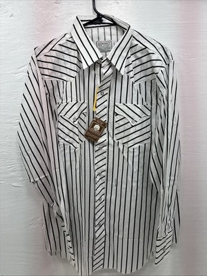 New Men’s H Bar C Black White Stripe Long Sleeve Pearl Snap 16.5 X 34 Large R-28