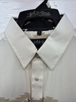 New Men’s White Horse Brown Western Print Long Sleeve Pearl Snap Large V-34