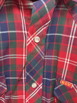 New Men’s ELY Plains Red Blue Plaid Long Sleeve Pearl Snap 14.5 Small T-86