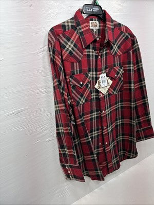 New Men’s ELY Cattleman Red Plaid Long Sleeve Pearl Snap XL O-55