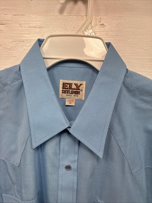 New Men’s ELY Cattleman Blue Simple Long Sleeve Pearl Snap 17.5 X 35 XL O-57