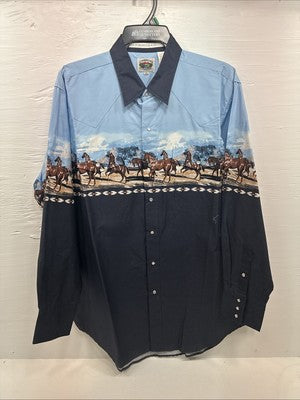 New Men’s Cumberland Blue Horse Design Long Sleeve Pearl Snap XL T-16