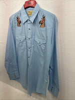 New Men’s ELY Wildlife Blue Horse Design Long Sleeve Pearl Snap Large CC-25