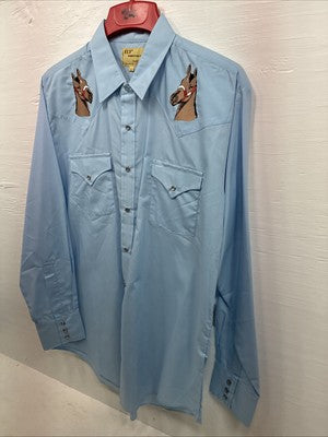 New Men’s ELY Wildlife Blue Horse Design Long Sleeve Pearl Snap Large CC-25