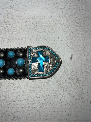 New Black Genuine Leather Blazin Roxx Blue Cross Bling M Belt #N3520401 Z-2