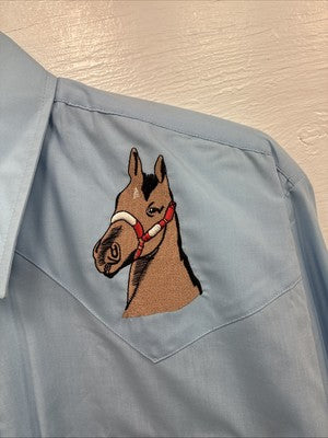 New Men’s ELY Wildlife Blue Horse Design Long Sleeve Pearl Snap Large CC-25