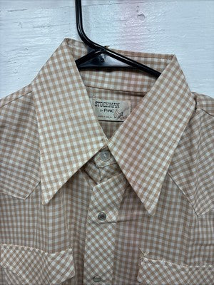 New Men’s Stockman Brown Checkered Long Sleeve Pearl Snap 15.5 Medium AA-66