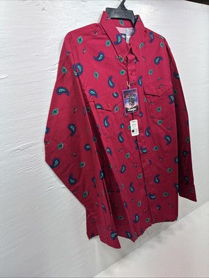 New Men’s Wrangler Pink Western Print Design Long Sleeve Button Up XL M-92
