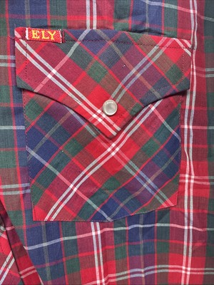 New Men’s ELY Plains Red Blue Plaid Long Sleeve Pearl Snap 16.5 Large V-96