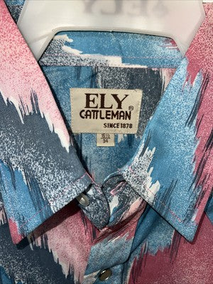 New Men’s Pink Blue ELY Cattleman Long Sleeve Pearl Snap Shirt. 15.5x34 M P-65