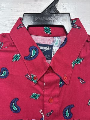 New Men’s Wrangler Pink Western Print Design Long Sleeve Button Up XL M-92